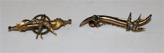 1 x 15ct swallow brooch and x 1 9ct swallow brooch
